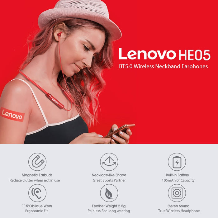 Lenovo HE05 Wireless Magnetic Waterproof Sport Headset with Mic Noise Cancelling
