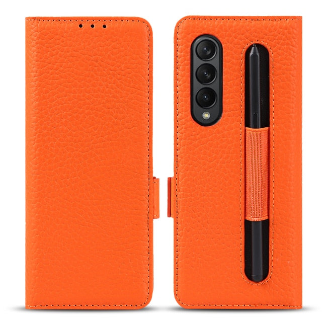 Genuine Leather Wallet Case With S Pen Protective Cover For Samsung Galaxy Z Fold 3