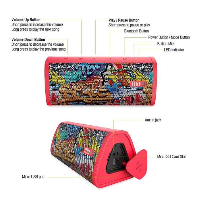 MIFA Red-Graffiti Bluetooth Speaker  Built-in Microphone Stereo Rock Sound Outdoor 10W Portable Wireless Speaker Support TF card