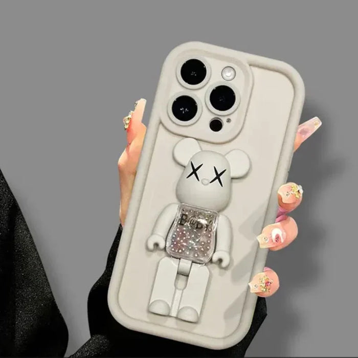 Cute 3D Bear Bracket TPU Phone Case – Shockproof Matte Silicone Cover for iPhone 15/14/13/12/11 Pro Max, XR, XS, and More!