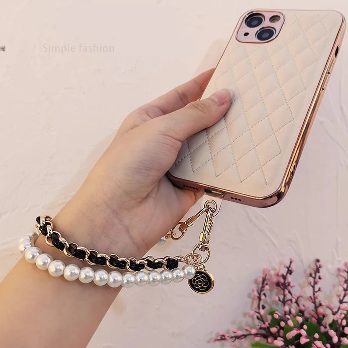 Pearl Wrist Phone Lanyard with Hand-Woven Leather & Floral Accent