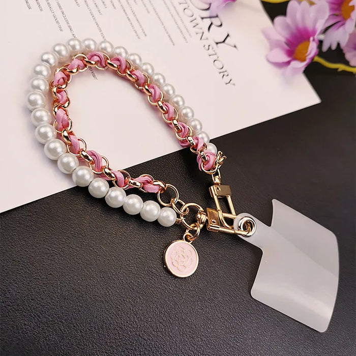 Pearl Wrist Phone Lanyard with Hand-Woven Leather & Floral Accent