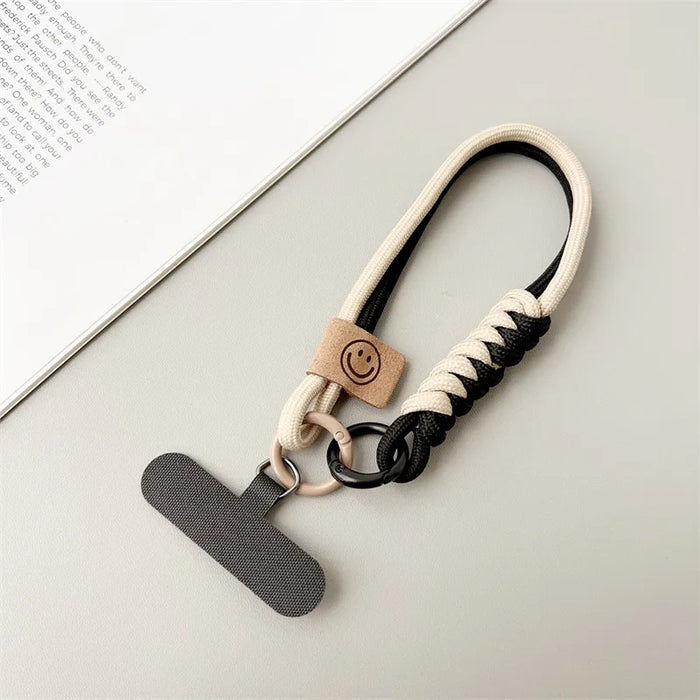 Short Phone Wrist Lanyard with Contrast Weave & Smiley Detail
