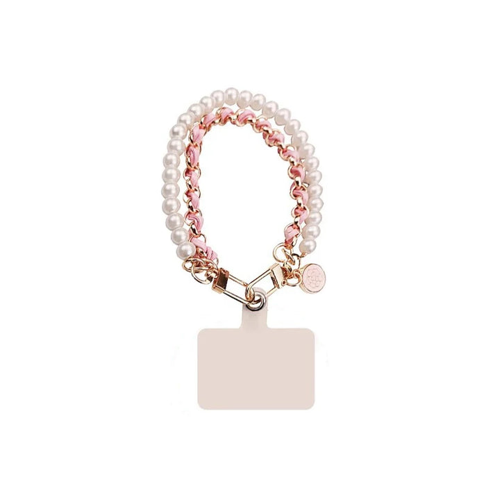 Pearl Wrist Phone Lanyard with Hand-Woven Leather & Floral Accent