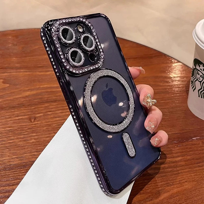 Clear Magnetic Case with Diamond Detail for iPhone 12–17 Pro Max & Plus