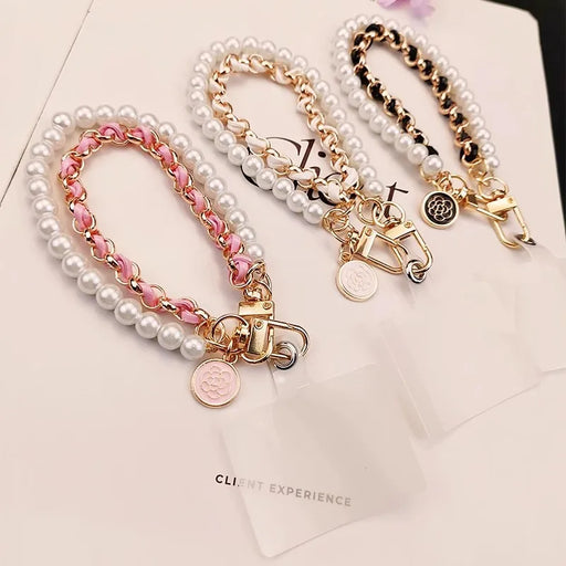 Pearl Wrist Phone Lanyard with Hand-Woven Leather & Floral Accent