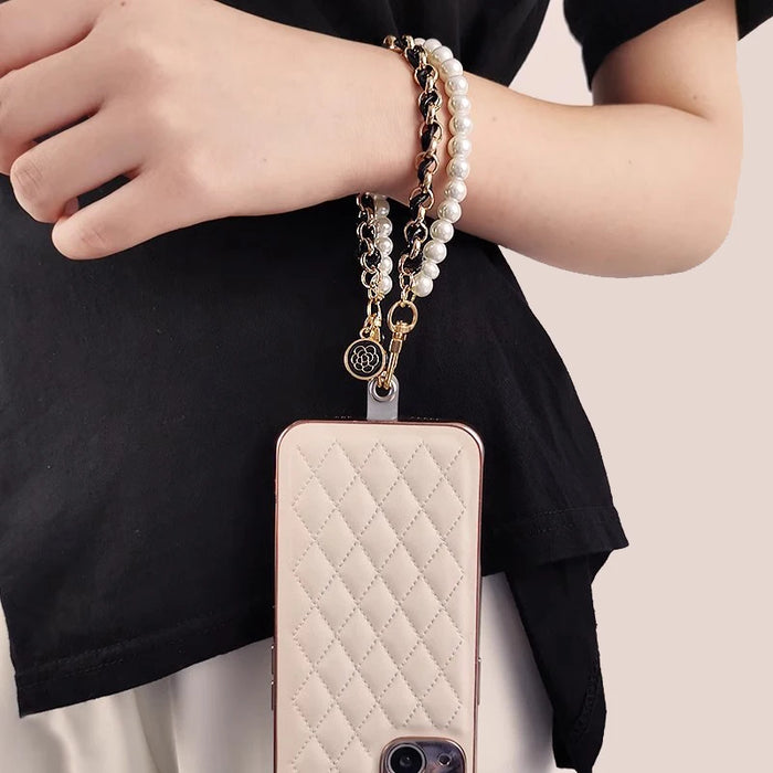 Pearl Wrist Phone Lanyard with Hand-Woven Leather & Floral Accent